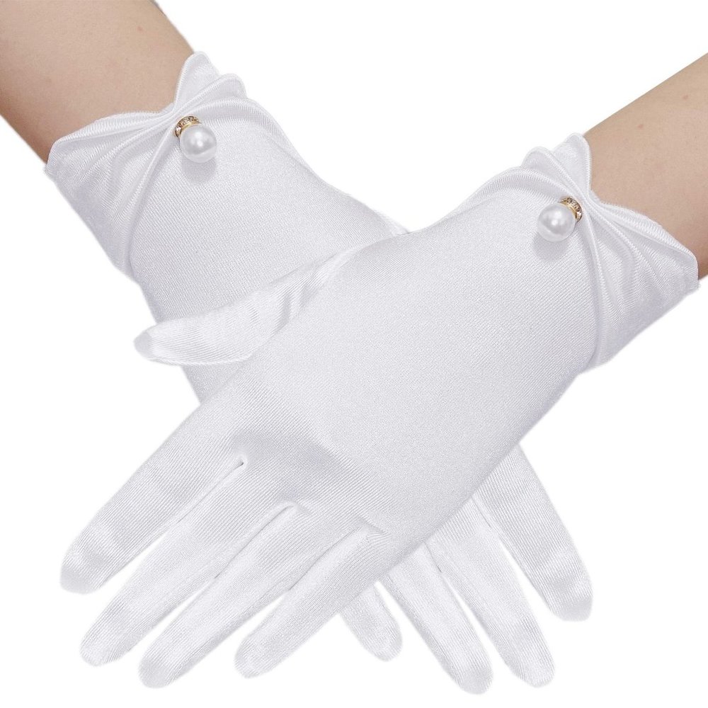 Elegant Satin White Short Gloves Inlaid Faux Pearl